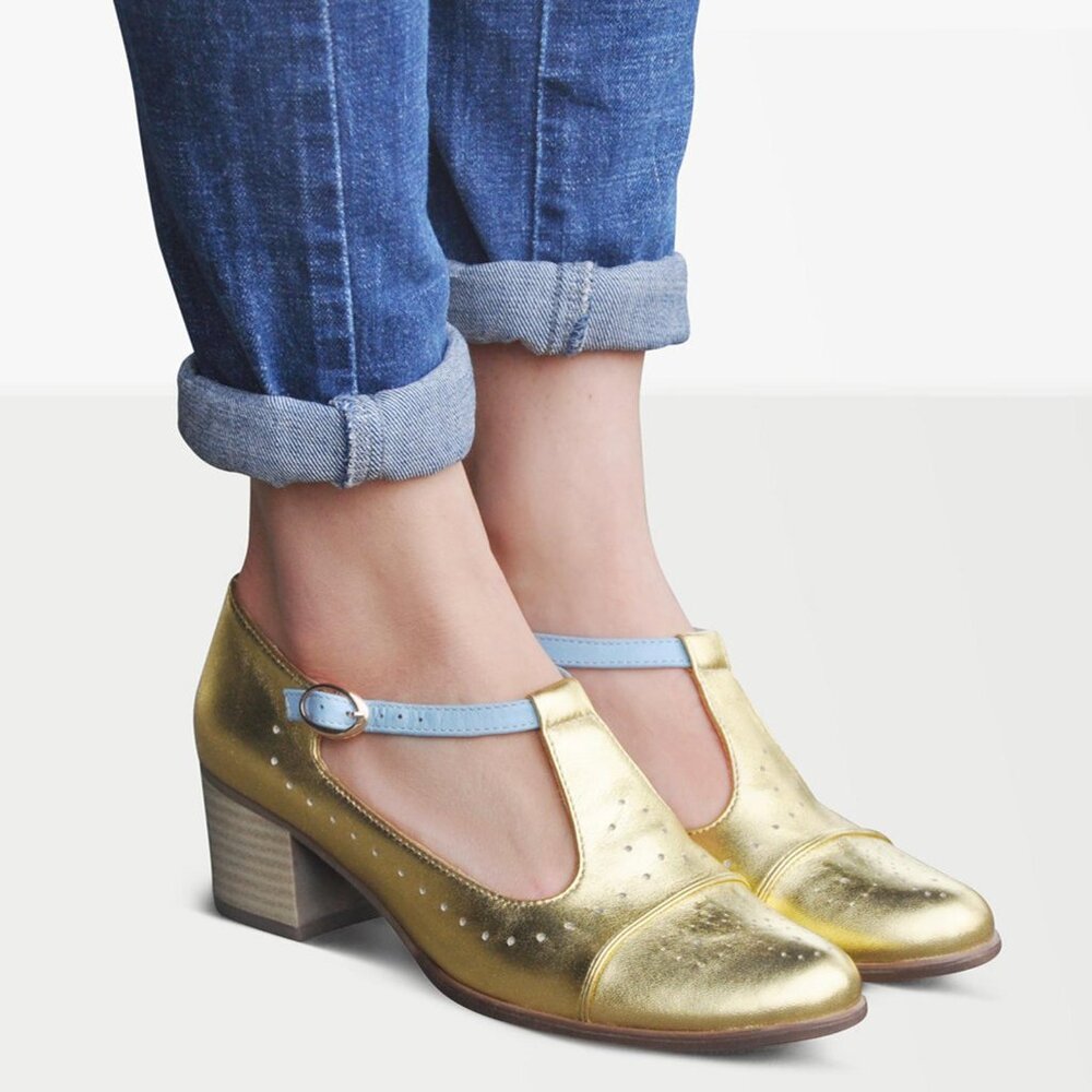 Gold Leather Mary Janes, Women's T-Strap Block Heel Shoes, Elegant Pumps